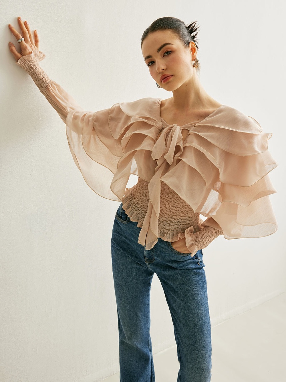 Commense Blush Layered Ruffle Tie-Neck Blouse